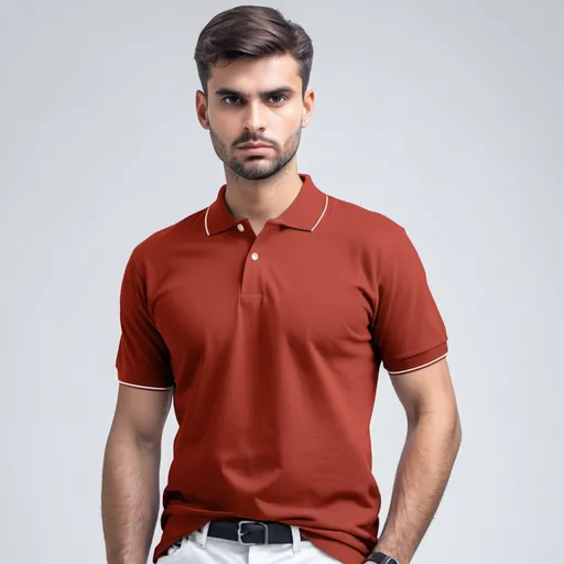 Prompt: creata a image good model wearing regular polo pique tshirt in pantone shade no 18-1355 RED RUST with white background 
