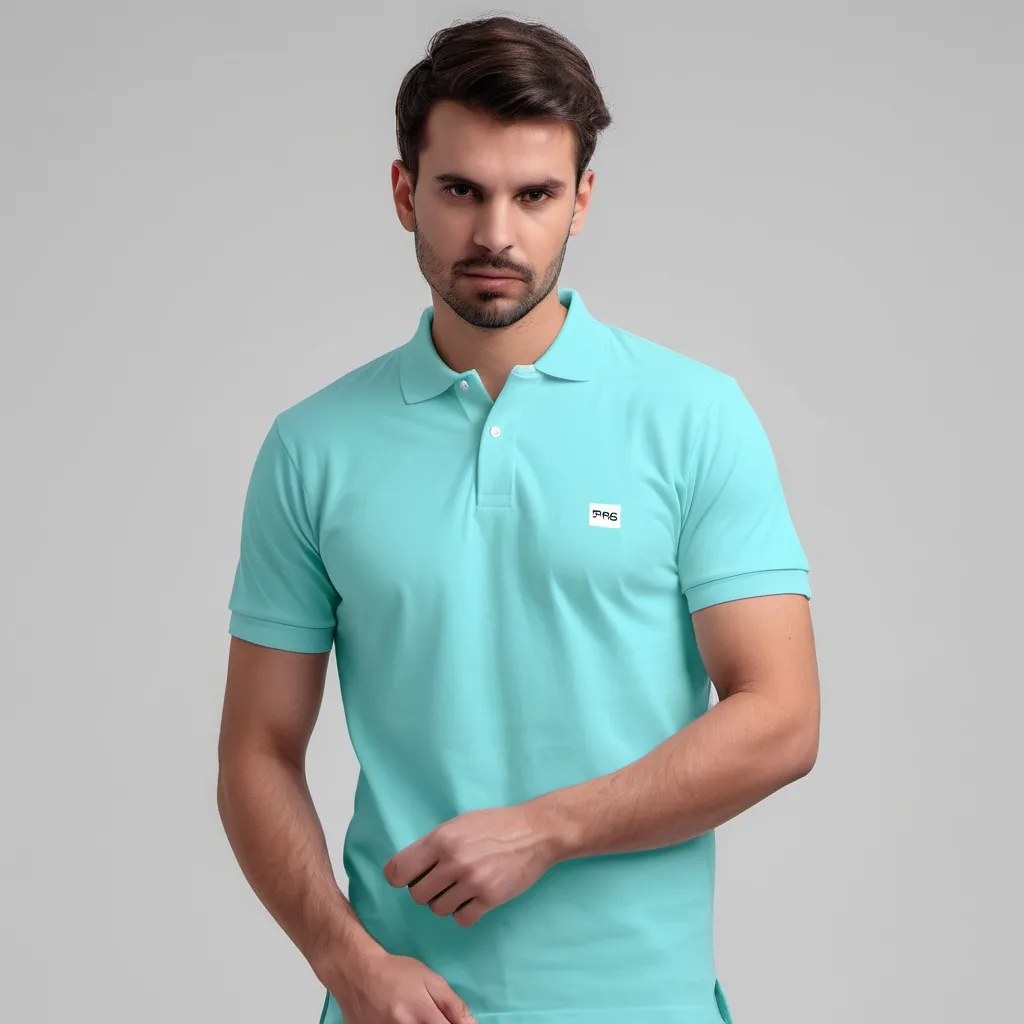 Prompt: creata a image good model wearing regular polo pique tshirt in pantone shade no 13-5410TPG ICED AQUA with white background 
