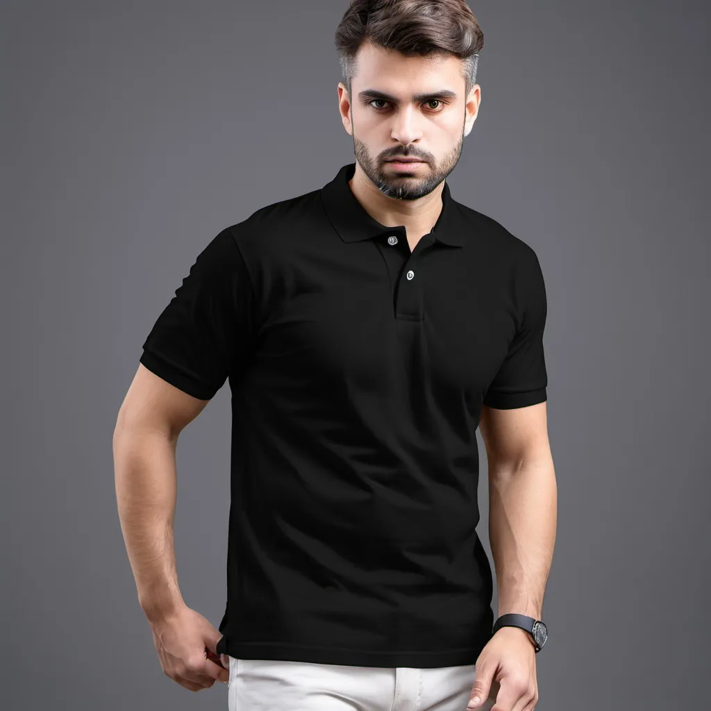 Prompt: creata a image good model wearing regular polo pique tshirt in plain black with white background 
