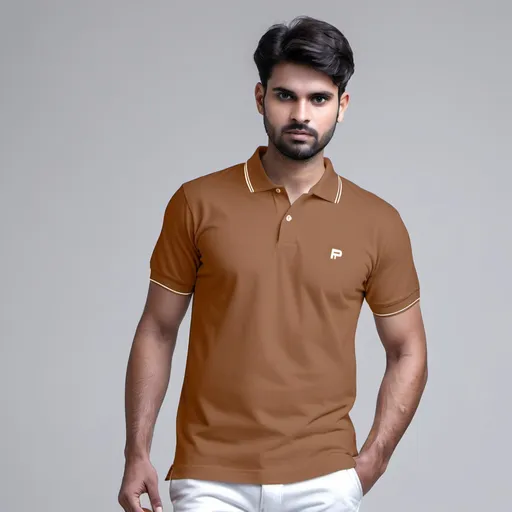 Prompt: creata a image good model wearing regular polo pique tshirt in pantone shade no 17-1328TPG INDIAN TAN with white background 
