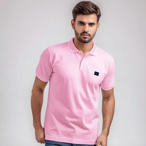 Prompt: creata a image good model wearing regular polo pique tshirt in pantone shade no 12-2907 TPG pink marshmellow with white background 
