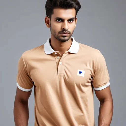 Prompt: creata a image good model wearing regular polo pique tshirt in pantone shade no 17-1328TPG INDIAN TAN with white background 
