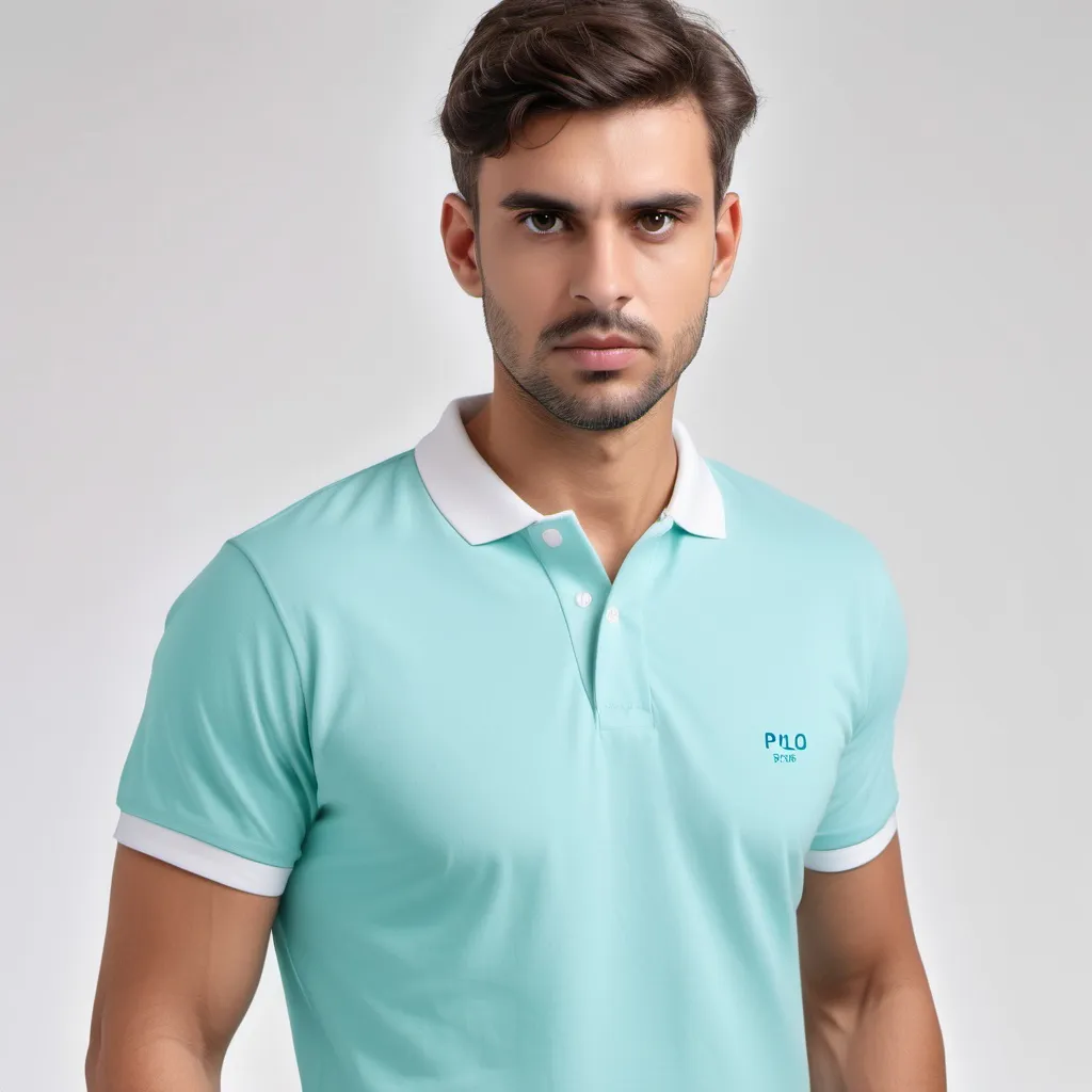 Prompt: creata a image good model wearing regular polo pique tshirt in pantone shade no 13-5410TPG ICED AQUA with white background 
