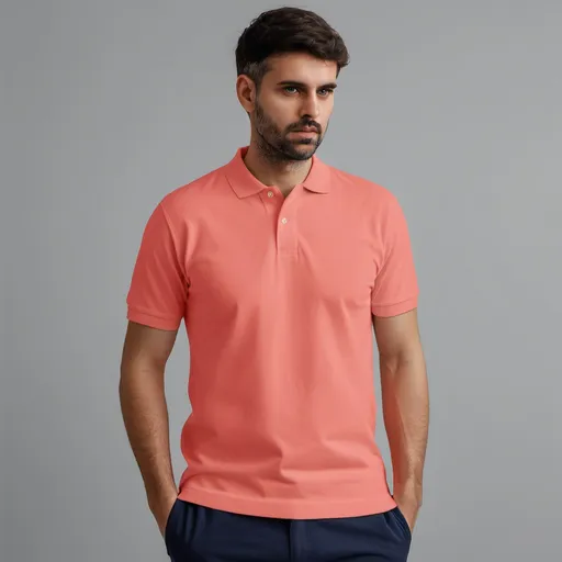 Prompt: creata a image person wearing regular polo pique tshirt in pantone shade 16-1434 TPG coral almond