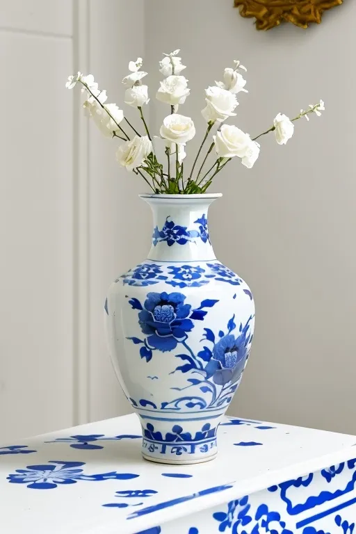 Prompt: a blue and white vase with Japanese designs   in it on a table with a white wall behind it and a white door, Annabel Kidston, cloisonnism, finely detailed features, a still life with three red roses on top