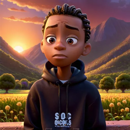 Prompt: a male ebony teen with a cornrow hairstyle and a black hoodie staring at the magnificent yet beautiful sunset with a very bored look in his eyes