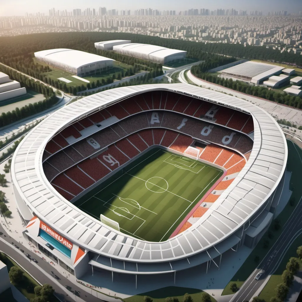 Prompt: A 100k capacity football stadium with training field and car packed at the entrance of the stadium 