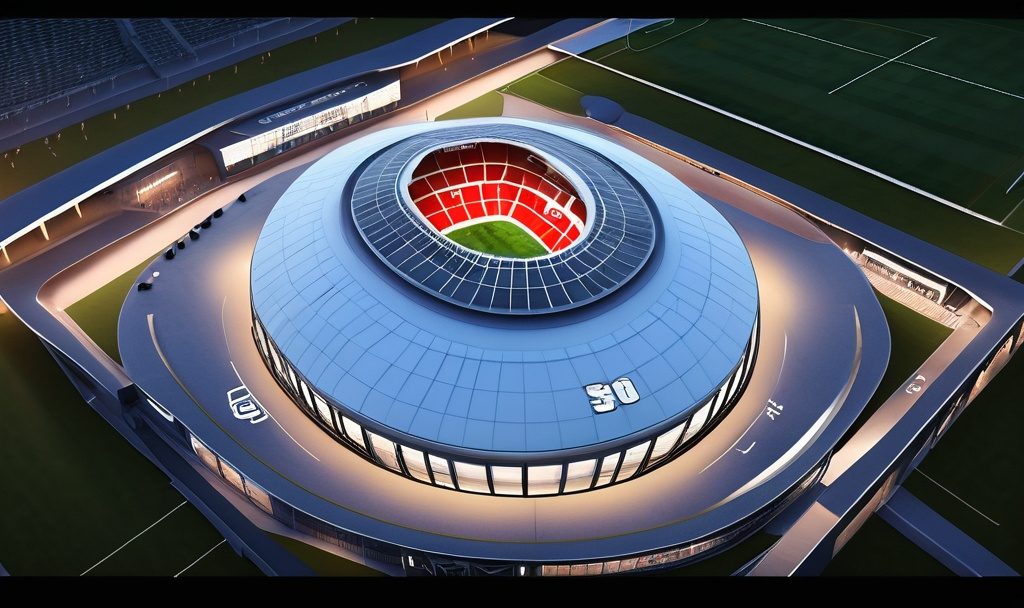 Prompt: A 100k capacity football stadium with training field and car packed at the entrance of the stadium 