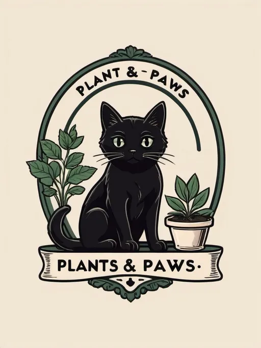 Prompt: A very simple victorian era logo for a business named Plants & Paws that sells potted plants and black cat sitting.