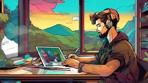Prompt: A person is seated in front of a computer, drawing a D&D dice set with a digital tablet, in a studio by a window overlooking a natural landscape.