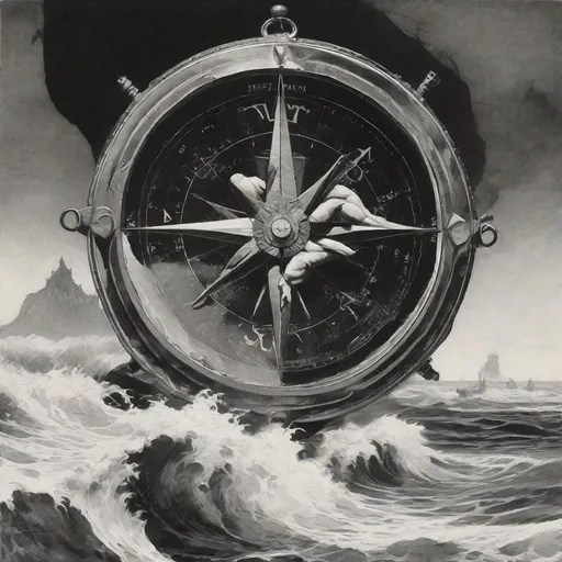 Prompt: B&W frazetta art, a compass in an ocean scene with a detailed artsy composition 