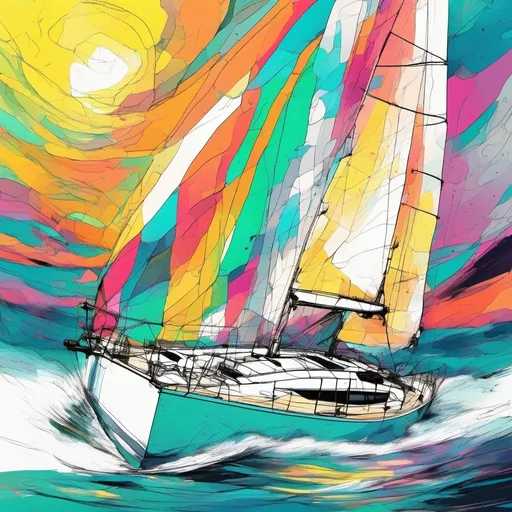 Prompt: vibrant inkpunk style photo of a sailing yacht sun odyssey 37.1 sailing in rough weather conditions 