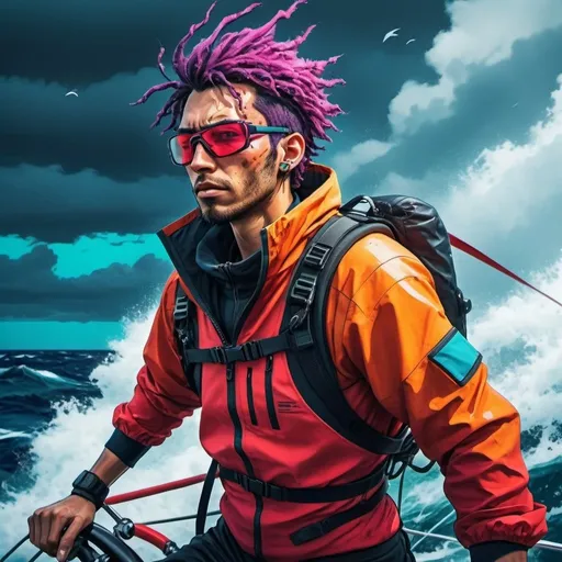 Prompt: Anime cyberpunk of a full geared sailing athlete on a sailing trip in rough weather conditions in vibrant colours and rough sea scenery 