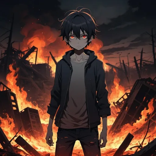 Prompt: 2d dark j horror anime style, boy, anime scene in fiery waste land 