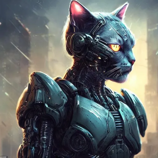 Prompt: Cute cat mutant soldier, digital art, cybernetic enhancements, futuristic armor, intense and focused gaze, high-tech weaponry, dynamic action pose, high quality, digital art, sci-fi, futuristic, detailed fur, cybernetic, intense gaze, futuristic armor, action pose, professional, atmospheric lighting