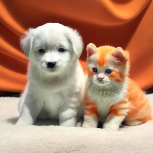 Prompt: white puppy and orange kitty god hybrid
