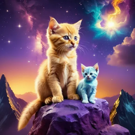 Prompt: fantasy golden kitten siting on top of a tall mountain with the kitten in purple lime and blue colored fire with space background