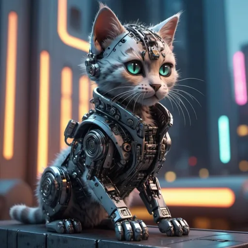 Prompt: Highly detailed kittenpunk scene, hyper-realistic 4K rendering, volumetric lighting, HD quality, futuristic cityscape backdrop, mechanical feline with intricate joints and circuit patterns, cool-toned futuristic atmosphere, detailed fur with lifelike textures, cyberpunk aesthetic, ultra-detailed, volumetric lighting, professional rendering, HD, 4K