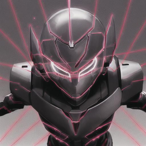 Prompt: boy black robot outlined in red wireframe light