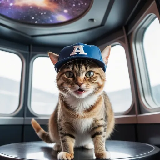 Prompt: cat wearing a backwards baseball cap dancing in a space ship close up on the interior with window looking into in background