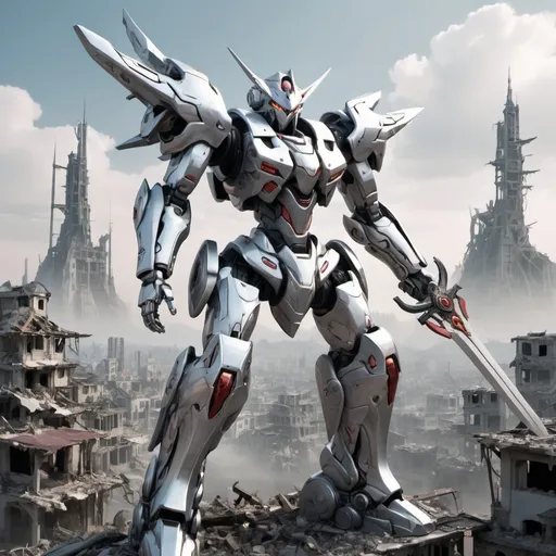 Prompt: A silver mecha with sleek but complex amour design holding a long sword and floating weapons surrounding it with a ruined city as background