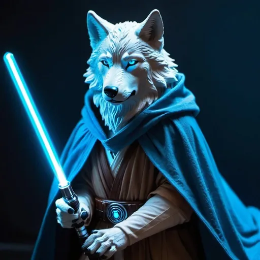Prompt: light blue glowing wolf with a jedi cloak and blue light saber