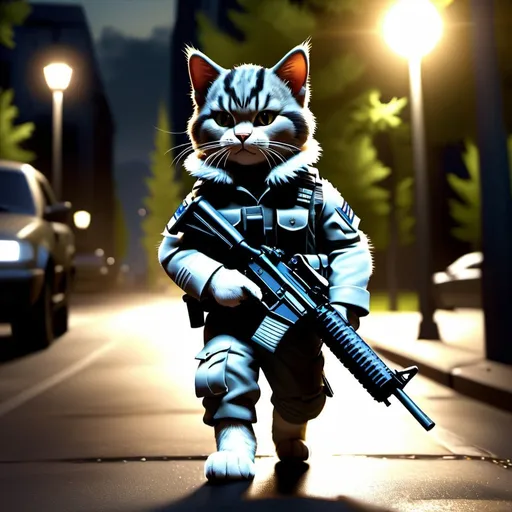 Prompt: Realistic cute military cat walking with a gun, city street, dramatic lighting, Carlos Catasse inspired, fur details, photorealistic, computer graphics, military out fit, street light glow, intense gaze, weapon in hand, detailed fur, forest setting, nig httime, best quality, highres, ultra-detailed, realistic, military, street scene, intense lighting