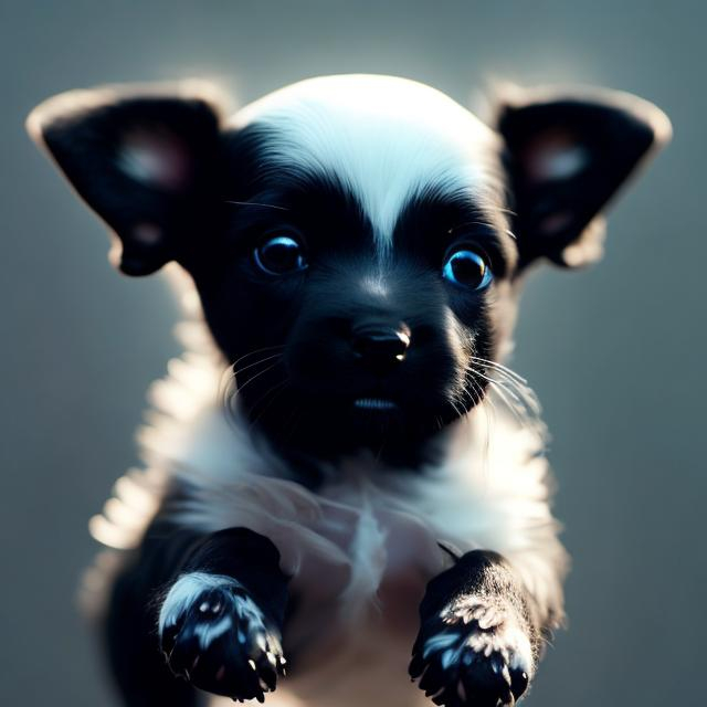 Prompt: Flying, ethereal black-polka doted puppy, white body, cool-toned, detailed fur with subtle patterns, surreal floating, magical, high quality, artistic, cool tones, dreamy lighting, soft focus, graceful movement, detailed eyes