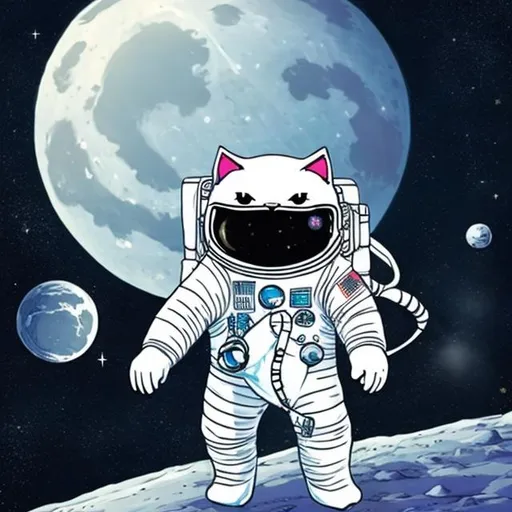 Prompt: white kitty in a Astronaut suit on the moon fighting aliens
