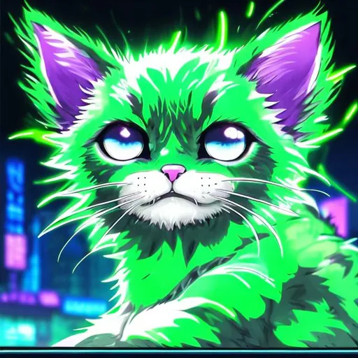 Prompt: Glowing green anime illustration of a playful kitten, vibrant shades of green, futuristic digital setting, neon lights in the background, radiant fur with luminous glow, big expressive eyes, high-tech collar, best quality, highres, ultra-detailed, anime, futuristic, glowing green, digital art, playful, vibrant, neon lights, luminous fur, expressive eyes, professional, futuristic lighting