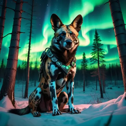 Prompt: wild dog warrior siting in hyper realistic fantasy forest future seen with northern lights above the wild dog warrior 
