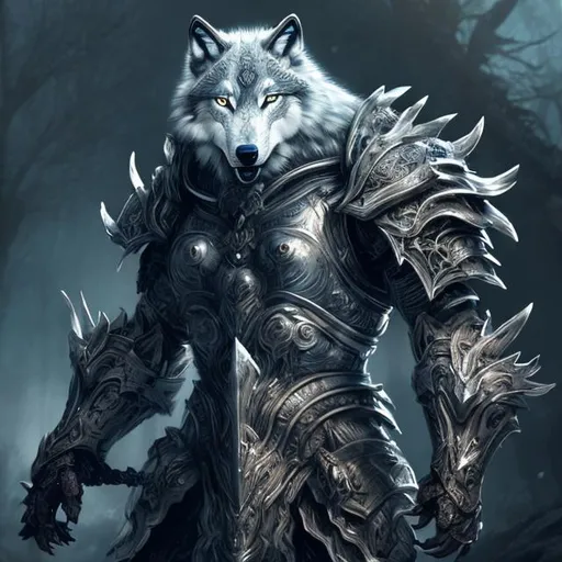 Prompt: Silver-armored wolf warrior, detailed armor with intricate engravings, fierce and determined expression, moonlit forest setting, ethereal and mystical atmosphere, high quality, digital painting, silver tones, moonlit lighting, intense gaze, powerful stance, fantasy art, detailed fur, mystical forest background