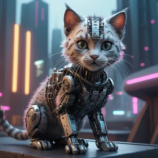 Prompt: Highly detailed kittenpunk scene, hyper-realistic 4K rendering, volumetric lighting, HD quality, futuristic cityscape backdrop, mechanical feline with intricate joints and circuit patterns, cool-toned futuristic atmosphere, detailed fur with lifelike textures, cyberpunk aesthetic, ultra-detailed, volumetric lighting, professional rendering, HD, 4K