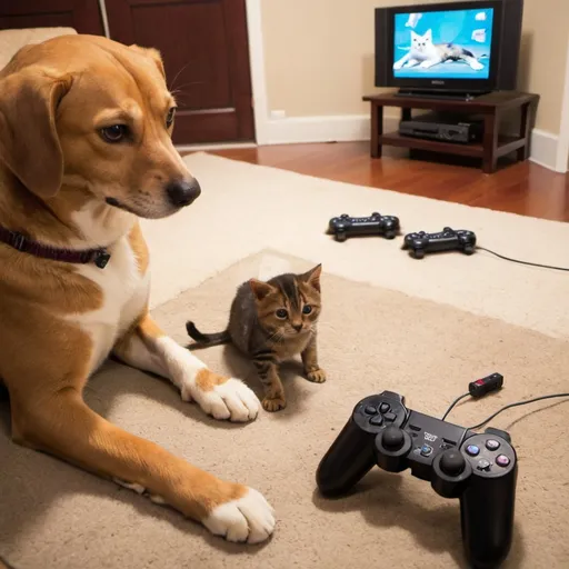 Prompt: Cats playing a video game with the dogs playing a video game