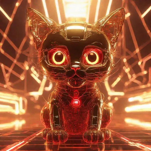 Prompt: Cute gold robot kitten outlined in red wireframe light, digital art, glowing eyes, metallic fur with reflections, high-tech atmosphere, neon cyberpunk style, warm metallic tones, futuristic, high energy lighting, 4k, ultra-detailed, digital art, cyberpunk, red wireframe outline, cute design, metallic fur, glowing eyes, high-tech atmosphere, futuristic, warm metallic tones