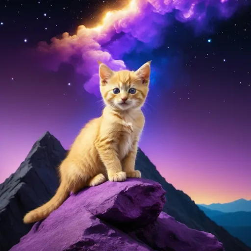 Prompt: golden kitten siting on top of a tall mountain in purple lime and blue colored fire with space background