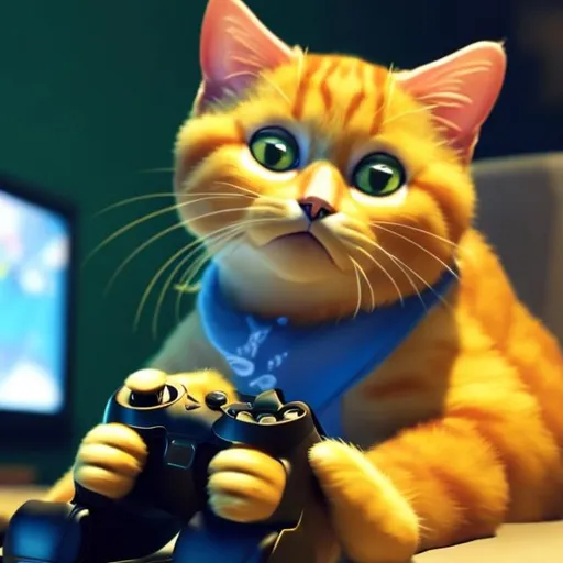 Prompt: yellow cat playing video games