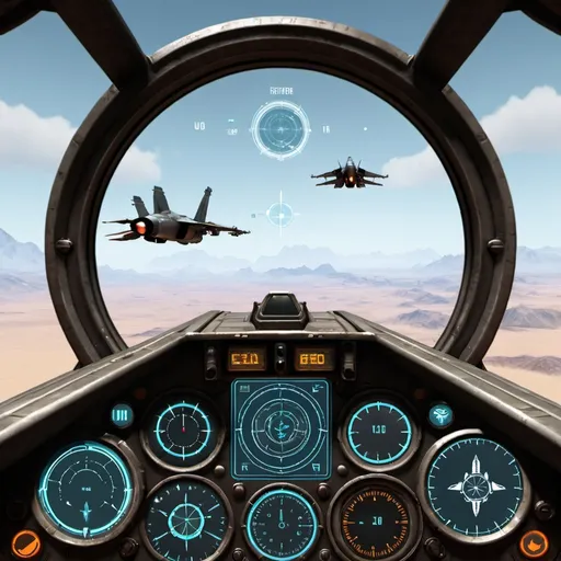 Prompt: fps game with HUD user interface, jet fighter,UI hud
