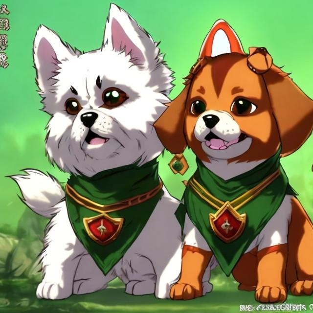 Prompt: cute dog and cat team warriors in emerald amour anime