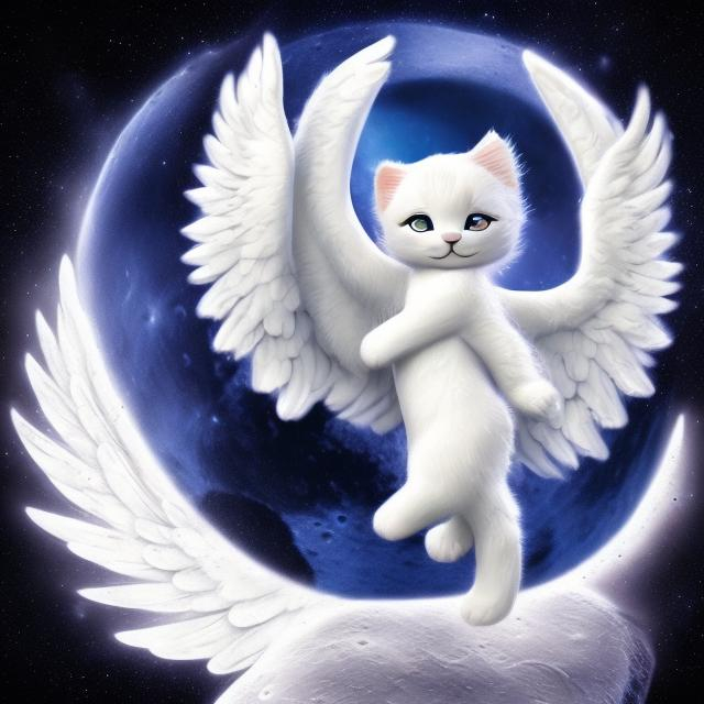 Prompt: kitty with white body on the moon with angel wings