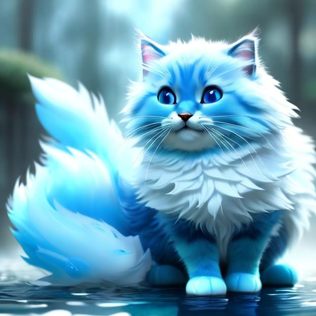 Prompt: Cute, blue, fluffy, liquid cat, possessing the element of water and making circles of water move around in the air in a magical way. Perfect features, extremely detailed, realistic. Krenz Cushart + loish +gaston bussiere +craig mullins, j. c. leyendecker +Artgerm.