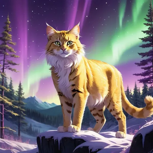 Prompt: a gold wild cat with white tummy in a beautiful forest with northern lights and  violet and gold beam coming down in the background anime