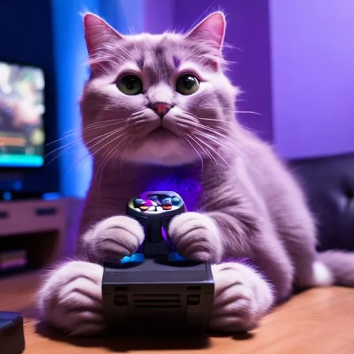 Prompt: purple cat playing video games