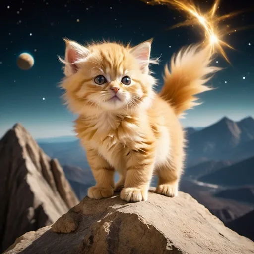 Prompt: golden kitten siting on top of a tall mountain going super saiyan with space background
