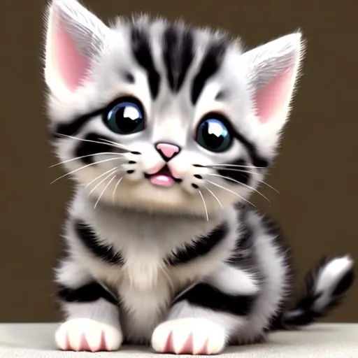 Prompt: kitten king with gray stripes and brownish white body cartoon

