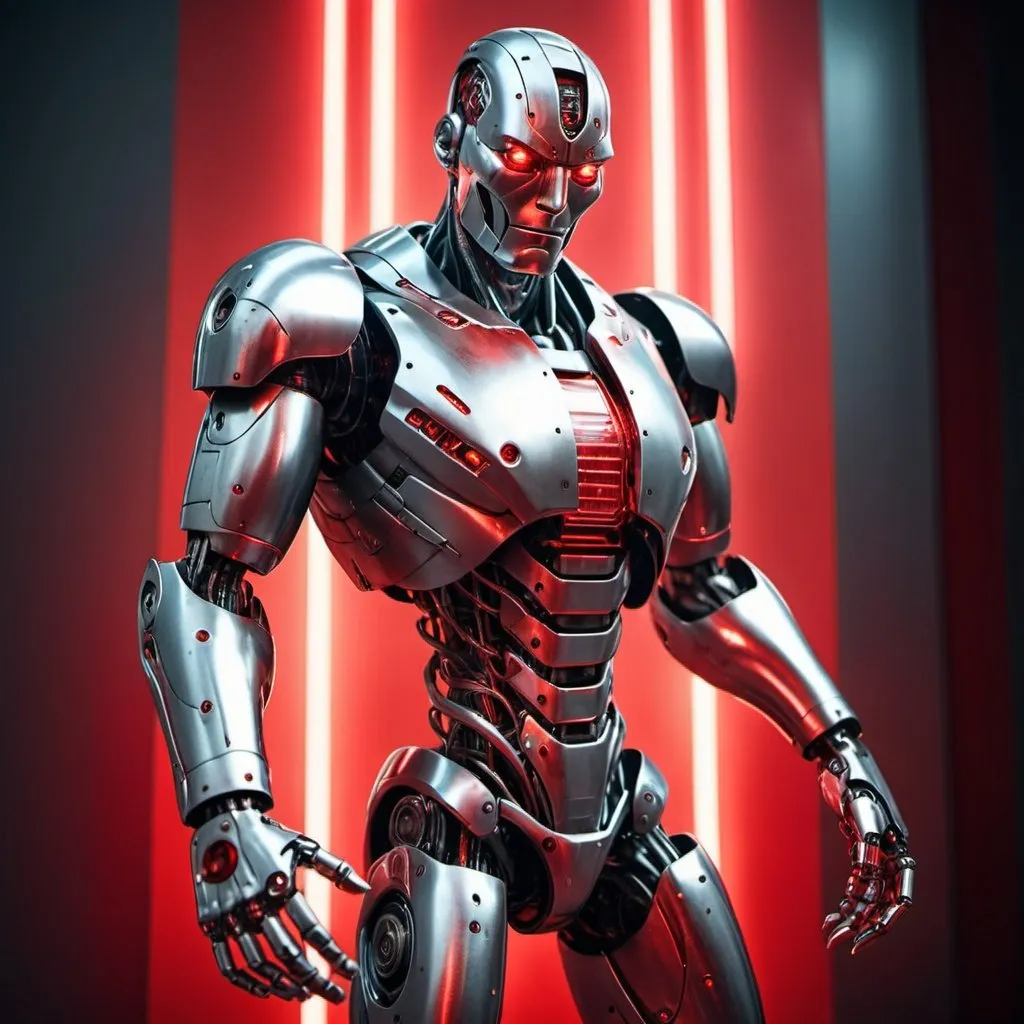 Prompt: metallic silver huge robot man with scratches on his body and limbs  with dramatic red lighting in a futuristic world