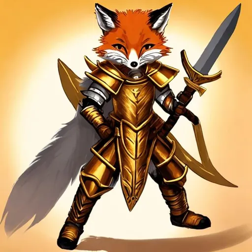 Prompt: cute fox warrior in gold armor fighting with gold sword 
