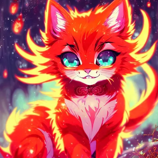 Prompt: Glowing red anime illustration of a playful kitten, vibrant red and fiery orange hues, magical fantasy setting, sparkling pixie dust in the background, vibrant fur with glowing highlights, cute and mischievous expression, magical collar with glowing symbols, best quality, highres, ultra-detailed, anime, fantasy, vibrant tones, magical, detailed eyes, adorable design, professional, enchanting lighting