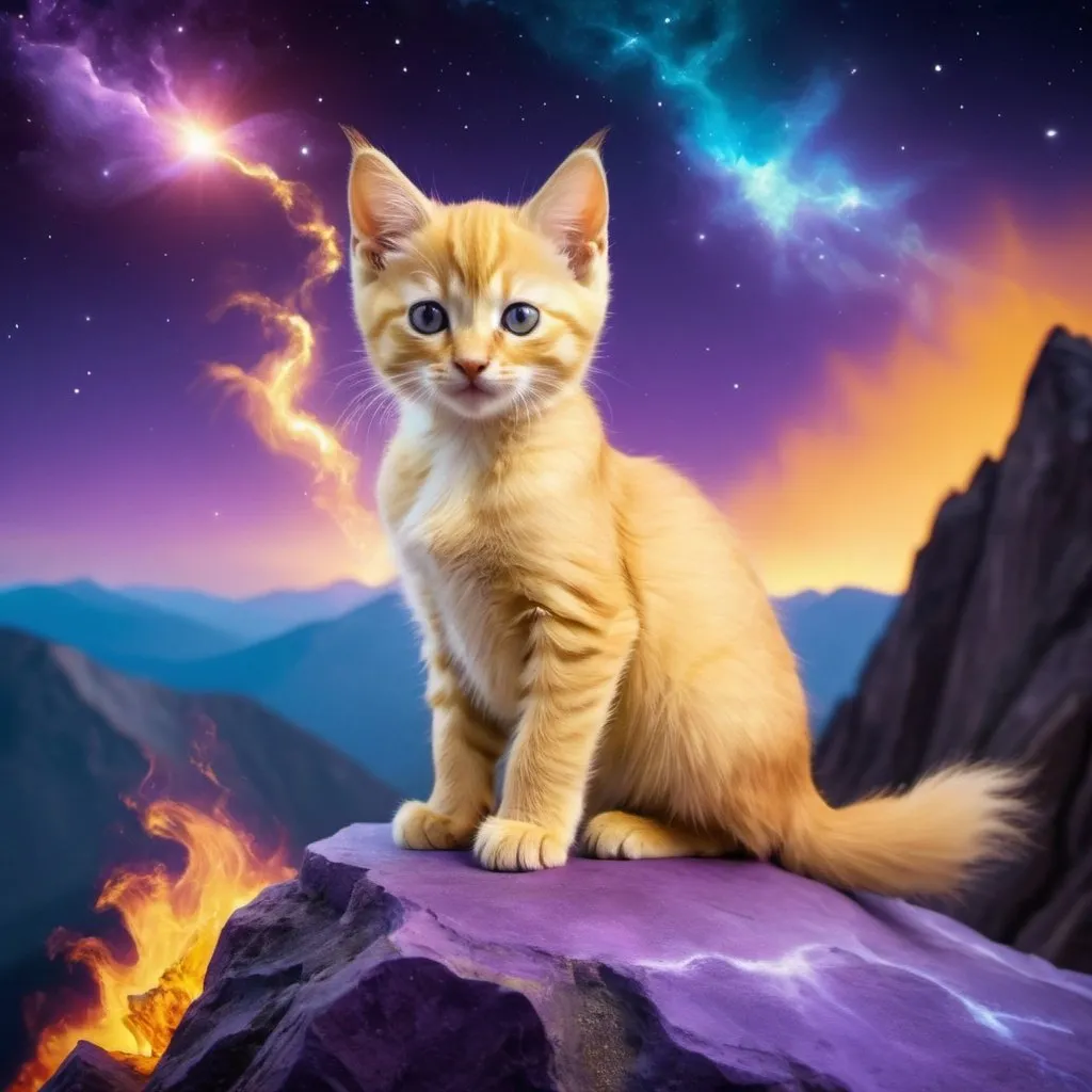 Prompt: fantasy golden kitten siting on top of a tall mountain with the kitten in purple lime and blue colored fire with space background
