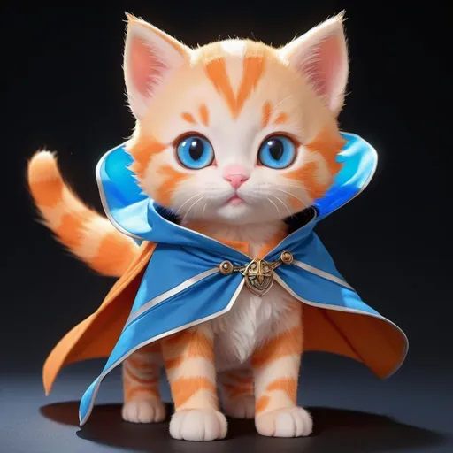 Prompt: orange kitten with blue stripes blue cape glowing blue eyes a floating body anime